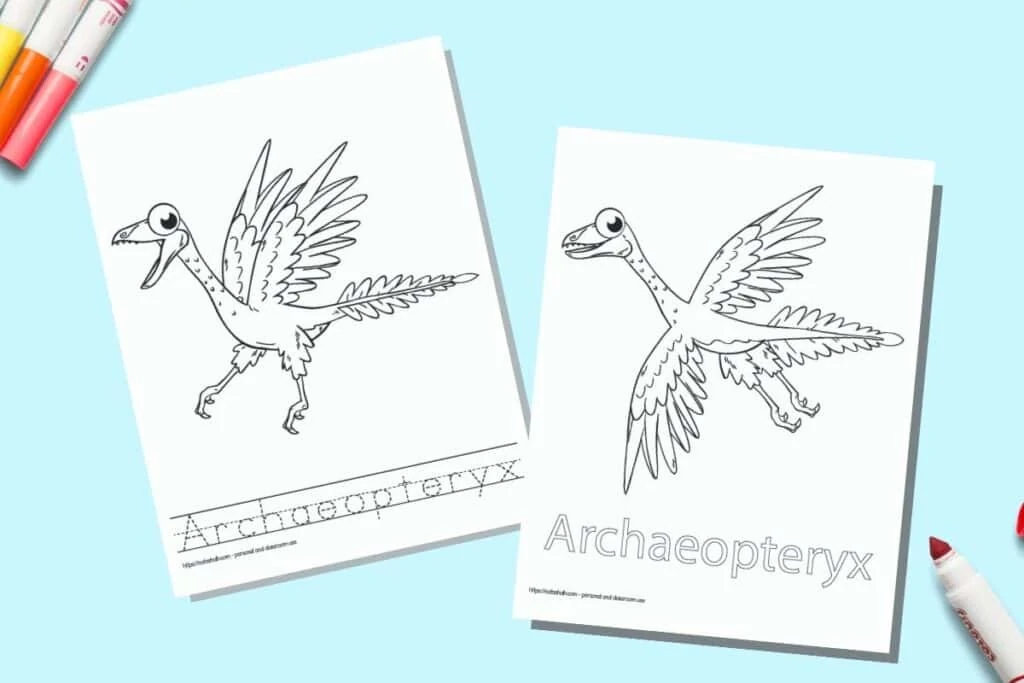 Two printable coloring pages for children. Each page has an Archaeopteryx to color with the name written beneath. One name is in bubble letters to color, on the other page the letter is in a dotted font on handwriting guides to trace. The pages are on a blue background with colorful children's markers. 