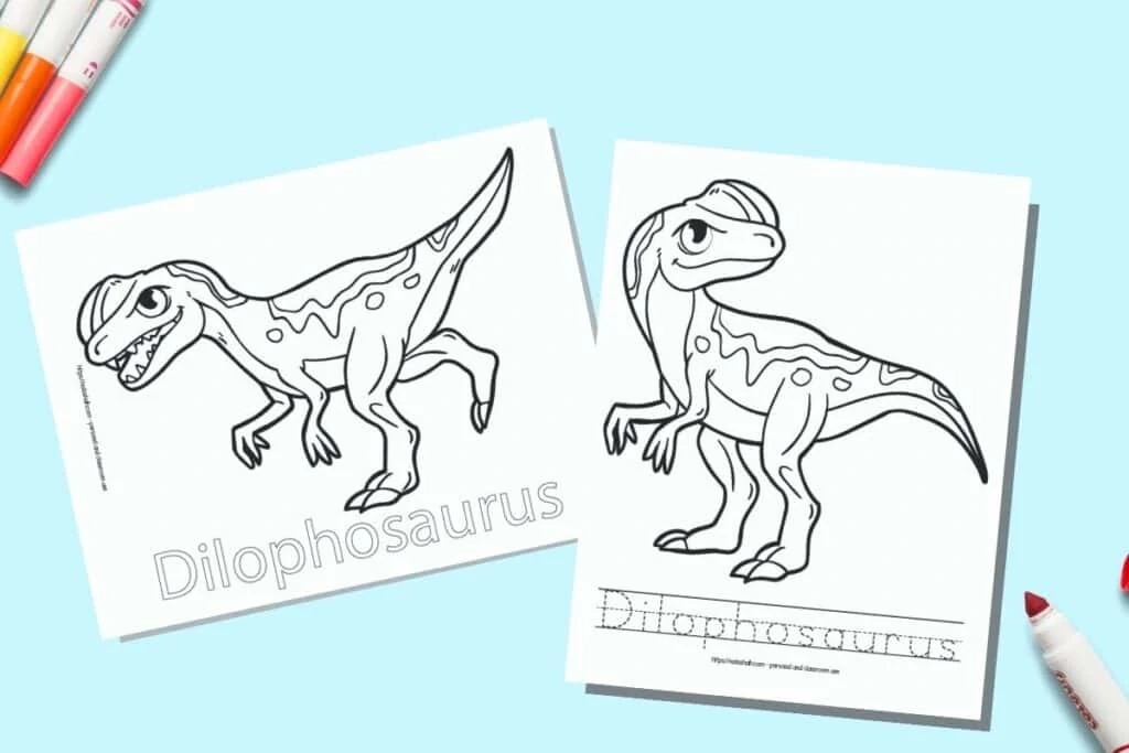 Two printable coloring pages for children. Each page has a Dilophosaurus to color with the name written beneath. One name is in bubble letters to color, on the other page the letter is in a dotted font on handwriting guides to trace. The pages are on a blue background with colorful children's markers. 