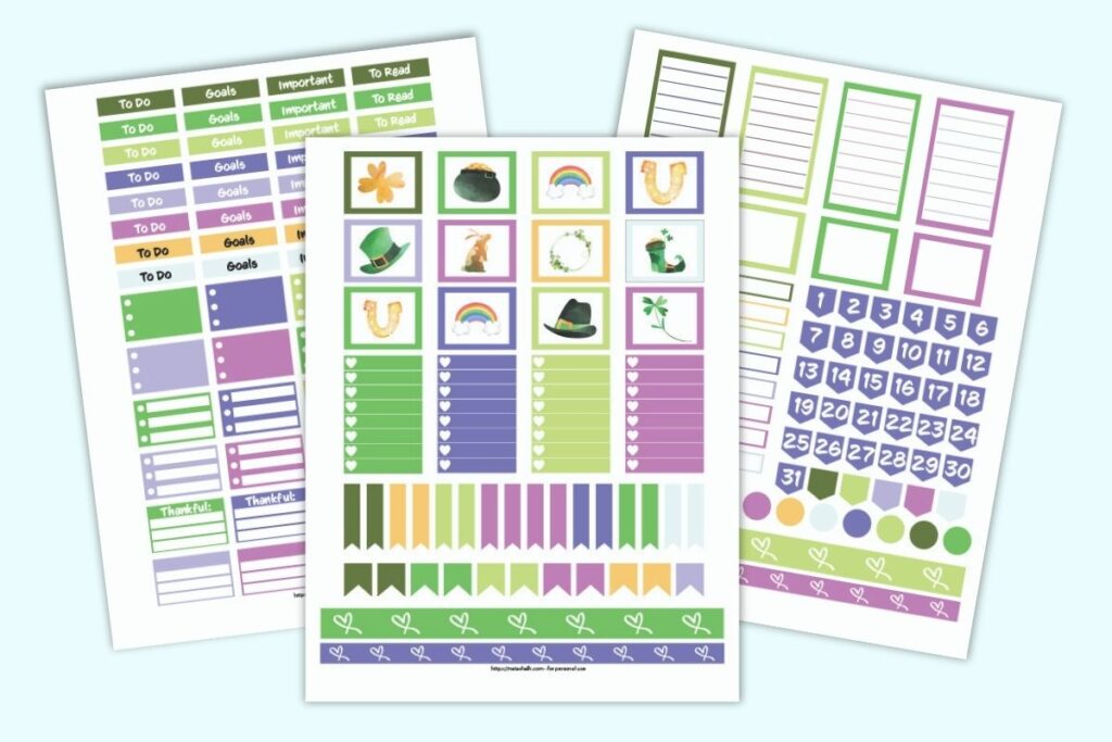 three printable planner sticker sheets for Happy Planner Classic with a March theme. The colors are greens and purples. Stickers include checklist boxes, washi tape, date flags, and banners with to do, goals, important, and to read.