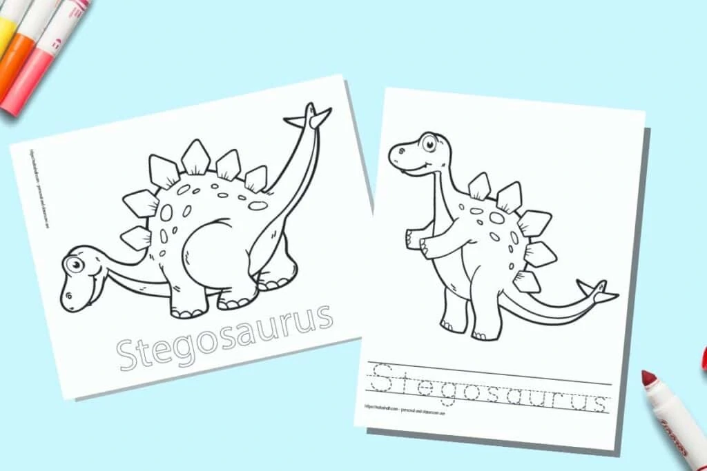 Two printable coloring pages for children. Each page has a Stegosaurus to color with the name written beneath. One name is in bubble letters to color, on the other page the letter is in a dotted font on handwriting guides to trace. The pages are on a blue background with colorful children's markers. 
