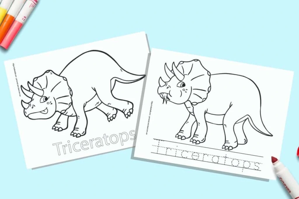 Two printable coloring pages for children. Each page has a triceratops to color with the name written beneath. One name is in bubble letters to color, on the other page the letter is in a dotted font on handwriting guides to trace. The pages are on a blue background with colorful children's markers. 