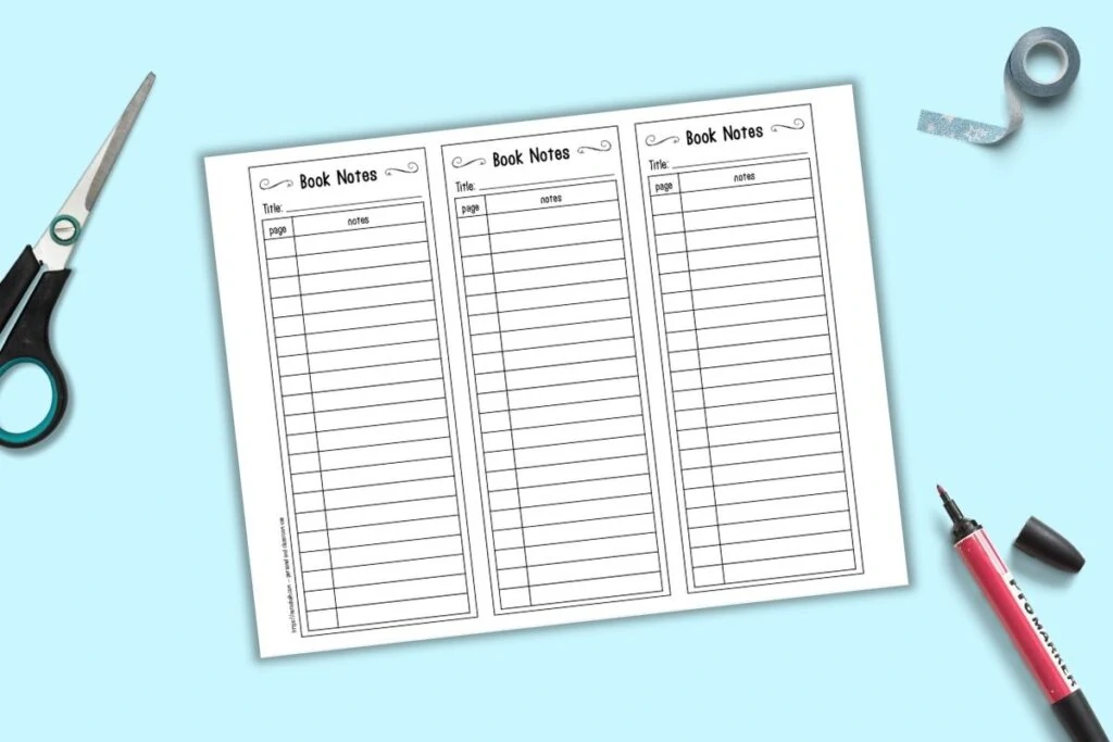 A preview of a printable page with three book notes bookmarks. Each bookmark is 3x8" and has lines for taking notes. 