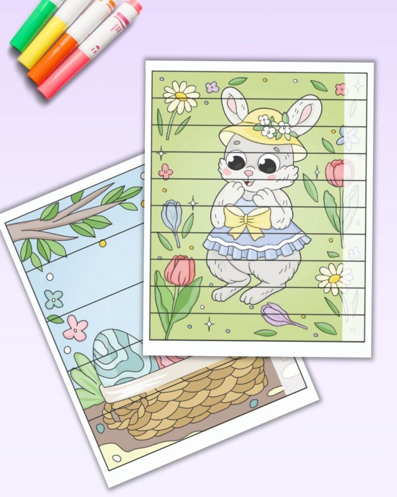 Two number or sentence building puzzles with Easter images and a blank area to write in your own numbers. One page has five pieces, the other page has ten pieces.
