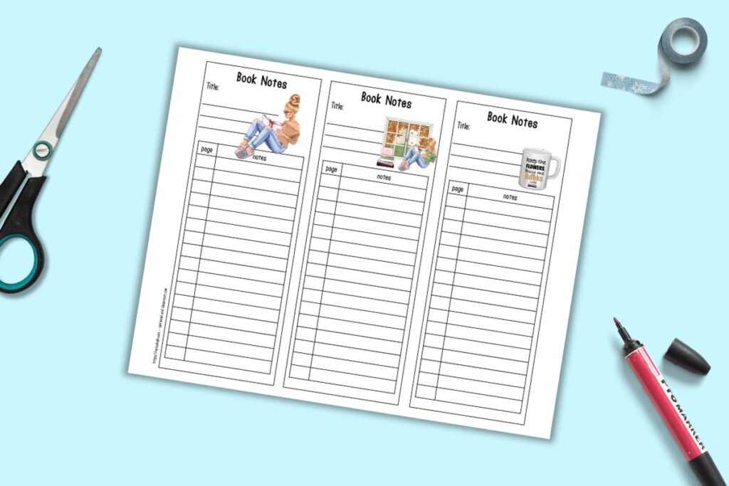 A preview of a page of printable reading notes bookmarks. There are blond girls reading on two of the bookmarks and a mug on the third bookmark. 
