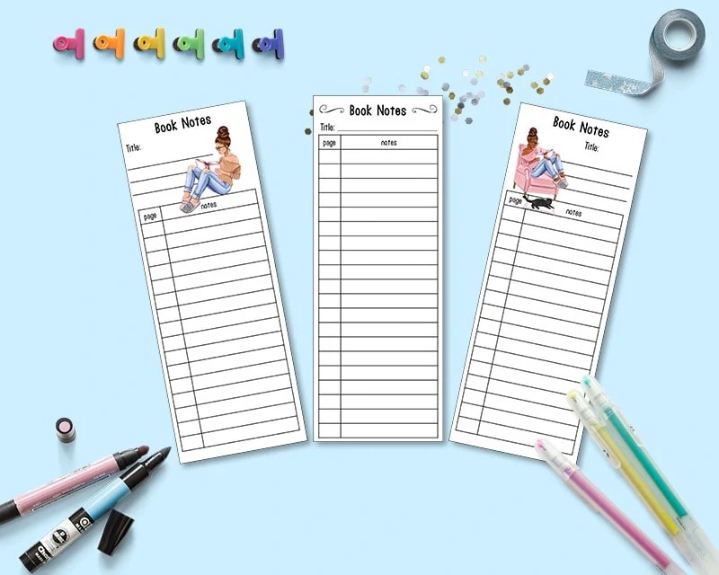 A preview of a three printable reading notes bookmarks. There is a brunette girl on one bookmark, no clip art on the middle bookmark, and a black girl reading with her cat on the third bookmark. 