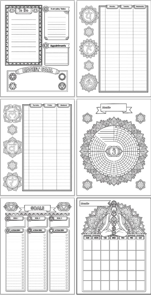 A 2x3 grid of 6 chakra bullet journal style planner printables. Pages include a daily log, two page weekly spread, habit tracker, goals tracker, and monthly calendar. The pages are black and white with decorative elements and chakra symbols to color.