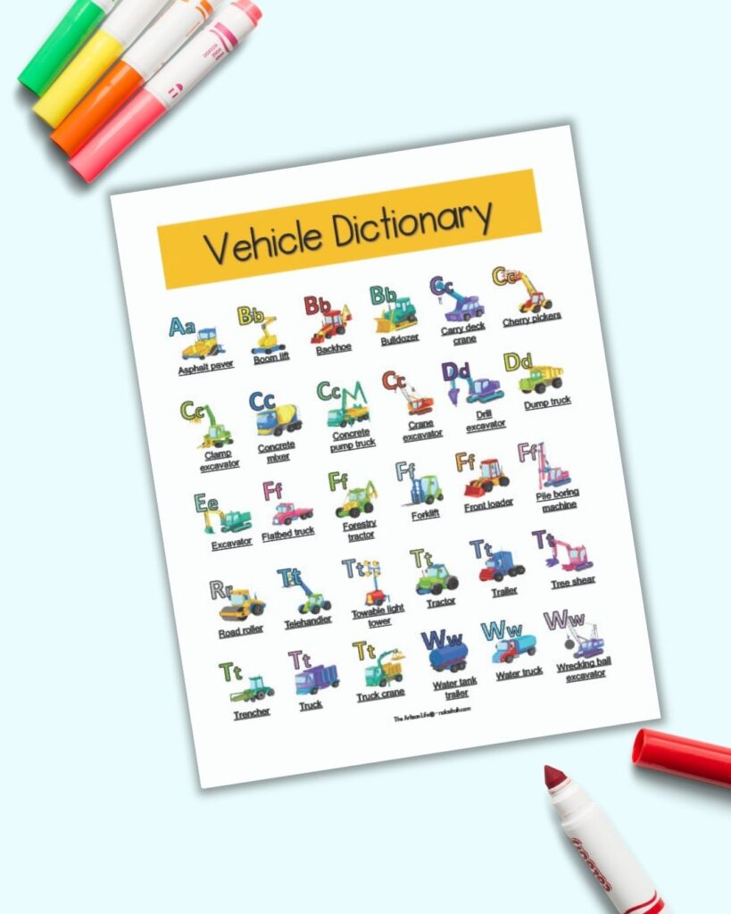 A free printable vehicle dictionary poster with 30 colorful construction vehicles 