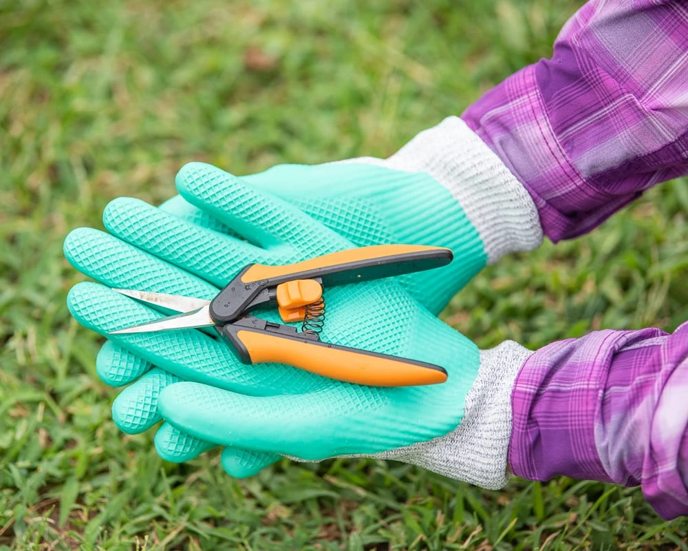 Hands wearing teal garden gloves and holding a small pair of orange and black handled garden snips. 