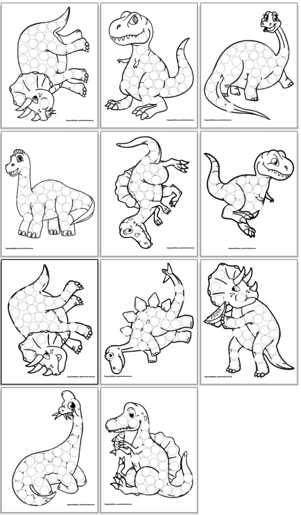 11 printable dinosaur do a dot marker pages for toddlers and preschoolers. Each image has circles to color in with a bingo dauber style marker. Dinosaurs include triceratops, t-rex, brontosaurus, and stegosaurus as well as apatosaurus, brachiosaurs, and spinosaurus. 
