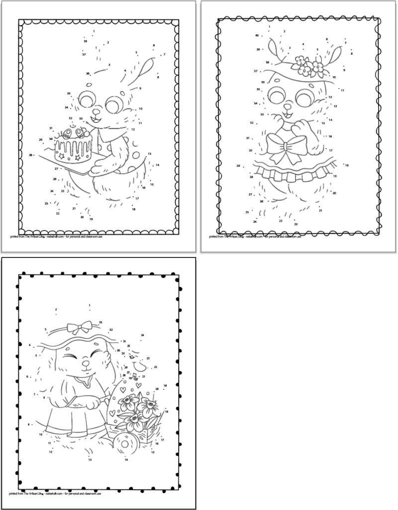 Three printable Easer bunny connect the dots images for children to complete and color. One funny is holding a cake, another is wearing an Easter hat, and the final bunny is pushing a wheelbarrow with an easter egg inside.
