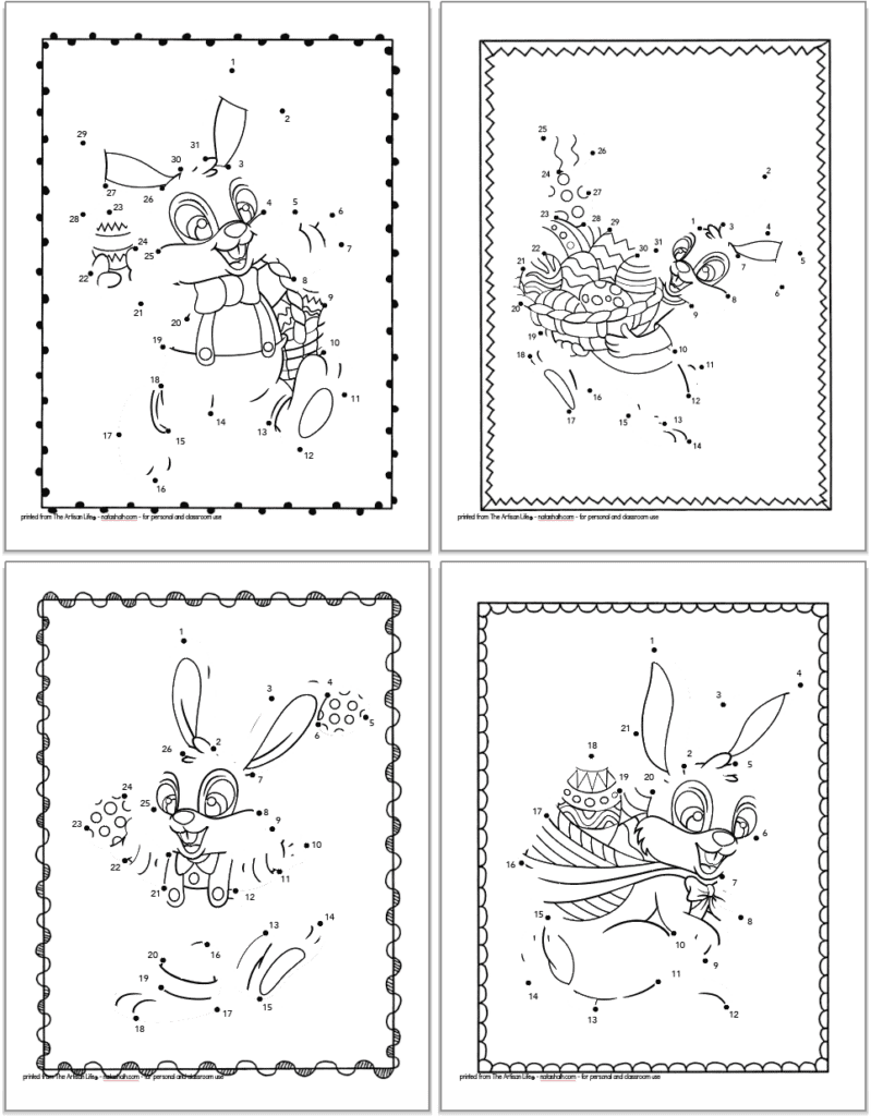 A 2x2 grid with free printable Easer bunny dot to dot pages with 20-30 dots to connect on each page. The Easter bunnies are all carrying Easter eggs.