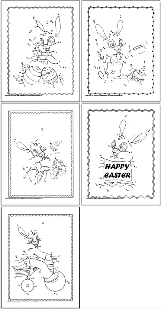 A 2x2 grid of Easter bunny connect the dots images for children with a fifth page alone on the bottom row. Each page has 20-30 dots to connect to complete and Easter bunny image.