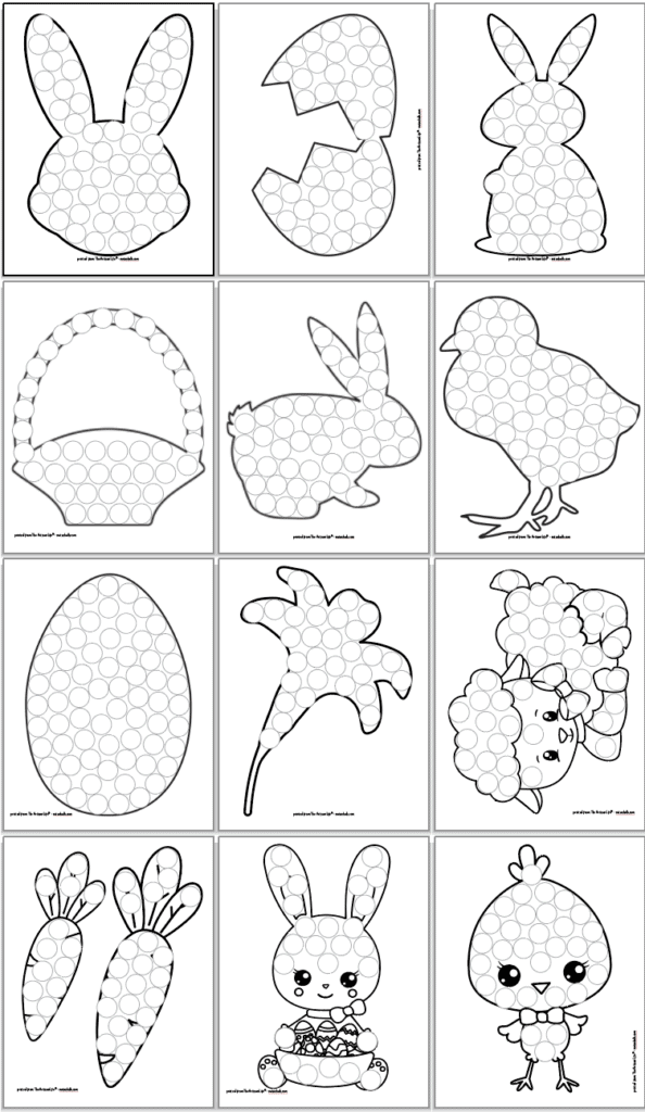 12 printable Easter dab it marker coloring pages. The images are in a 3x4 grid. They are: a bunny head, a cracked egg, a side silhouette of a bunny, and Easter basket, a standing bunny, a chick, a whole egg, an Easter lily, a lamb, two carrots, a bunny with a basket, and a cute chick.