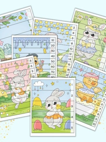 Seven number order puzzles for preschool and kindergarten with an Easter theme. Puzzles have 5 or 10 pieces to cut apart and build so the displayed numbers are in the correct order. Images are pastel colored pictures of cute Easer bunnies, ducks, and a lamb on outdoor Easter backgrounds.