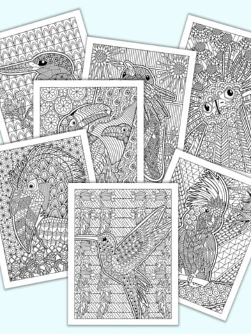 Seven printable bird and blossom coloring pages for adults with complex, zen-style illustrations to color. The pages are on a blue background. Birds include a hummingbird, a crane, a secretary bird, a hornbill, toucans, and parrots.