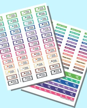 Two printable change contacts functional sticker sheets on a light blue background. Each page has 52 colors of contact change reminder stickers that say "change contacts"