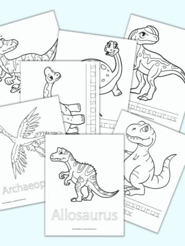 Seven printable dinosaur coloring pages with names. Each page has the dinosaur's name in a bubble font or as a dotted font to trace.