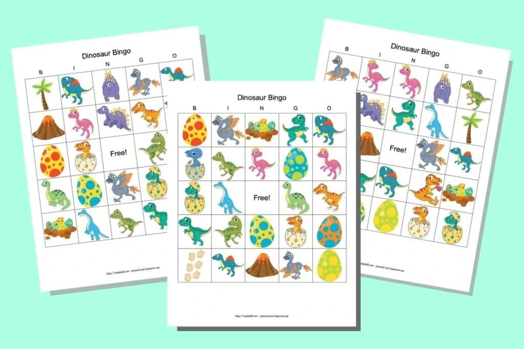 Three printable dinosaur picture bingo cards on a light sea foam green background. Each page has colorful dinosaurs and eggs with a free space in the middle and "bingo" across the columns along the top.