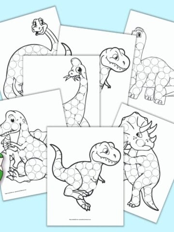 A preview of seven printable dinosaur do a dot pages with an illustrated green dauber marker. Each of the dinosaur illustrations fills a page and has many circles to dot in with a dauber style marker. Dinosaurs included t-rex, triceratops, spinosaurus, brontosaurus, and apatosaurus.