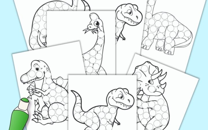 A preview of seven printable dinosaur do a dot pages with an illustrated green dauber marker. Each of the dinosaur illustrations fills a page and has many circles to dot in with a dauber style marker. Dinosaurs included t-rex, triceratops, spinosaurus, brontosaurus, and apatosaurus.