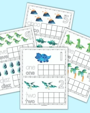 four free printable dinosaur themed ten frame printable pages. Each page has two ten frames with dinosaurs and a blank ten frame. Two pages are shown in English (1 & 2, 3&4) and two in Spanish (5 & 6, 9 & 10)