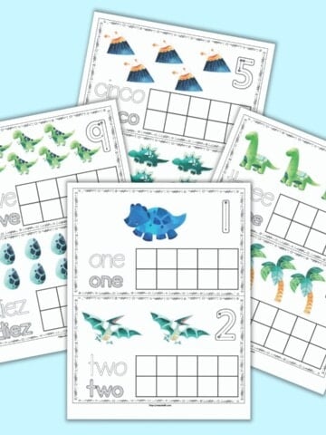 four free printable dinosaur themed ten frame printable pages. Each page has two ten frames with dinosaurs and a blank ten frame. Two pages are shown in English (1 & 2, 3&4) and two in Spanish (5 & 6, 9 & 10)