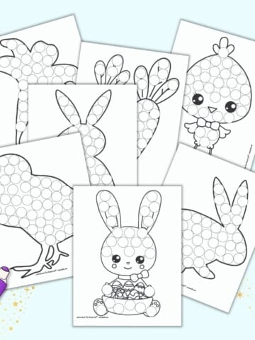 7 printable do a dot pages for Easter. Each page has a black and white image with circles to dot in with a dauber style marker. Images include bunnies, chicks, carrots, and an Easter lily