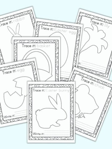 Seven pages of Easter tracing pages for preschoolers. Each page has a dotted Easter image to trace and the vocabulary word in a dotted font to trace. The pages are on a light blue background.