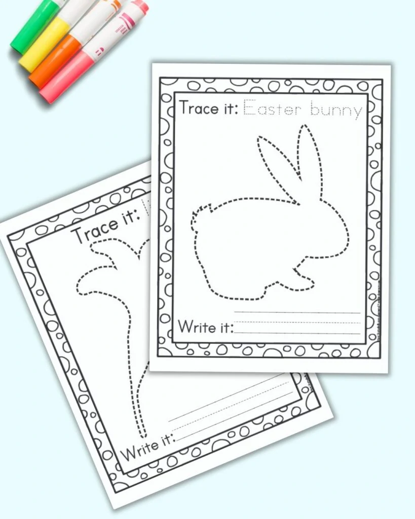 Two free printable Easter tracing pages on a blue background with colorful children's markers. The pages show an Easter bunny to trace and an Easter lily. 