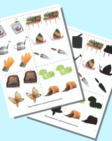 A preview of two free printable garden matching game pages. Each page has pairs of 10 garden related images inside dotted squares to cut out and use as a matching card game. The page in back has half of the images in color and the other half "blacked out" for a shadow matching game.