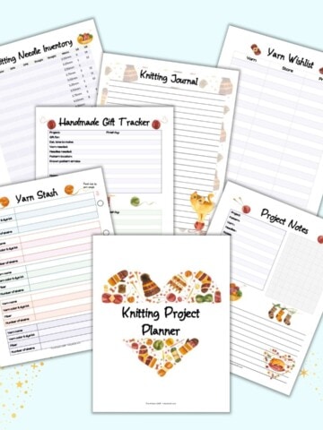 a flatlay mockup of 7 printable knitting binder pages including a cover page, yarn stash inventory, knitting needle inventory, project notes, and yarn wish list