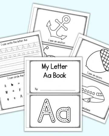 A flatlay of five sheets of printable letter a emergent reader. Each sheet has two pages to cut apart and staple. Pages include "I see an..." acorn, airplane, able, avocado, anchor, and ant as well as tracing pages. The pages are on a blue background.