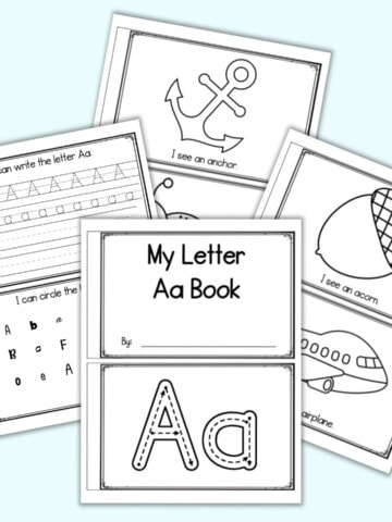 A flatlay of five sheets of printable letter a emergent reader. Each sheet has two pages to cut apart and staple. Pages include "I see an..." acorn, airplane, able, avocado, anchor, and ant as well as tracing pages. The pages are on a blue background.