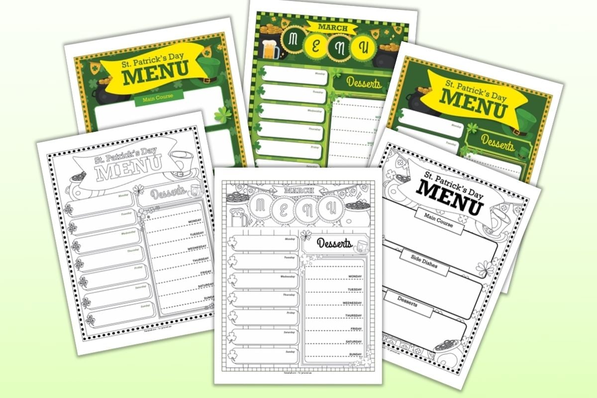 A preview of six printable March menu planner pages. Three are color and three are black and white. Pages include A weekly March menu planner
A St. Patrick's Day menu planner
A St. Patrick's Day themed weekly meal planner printable.