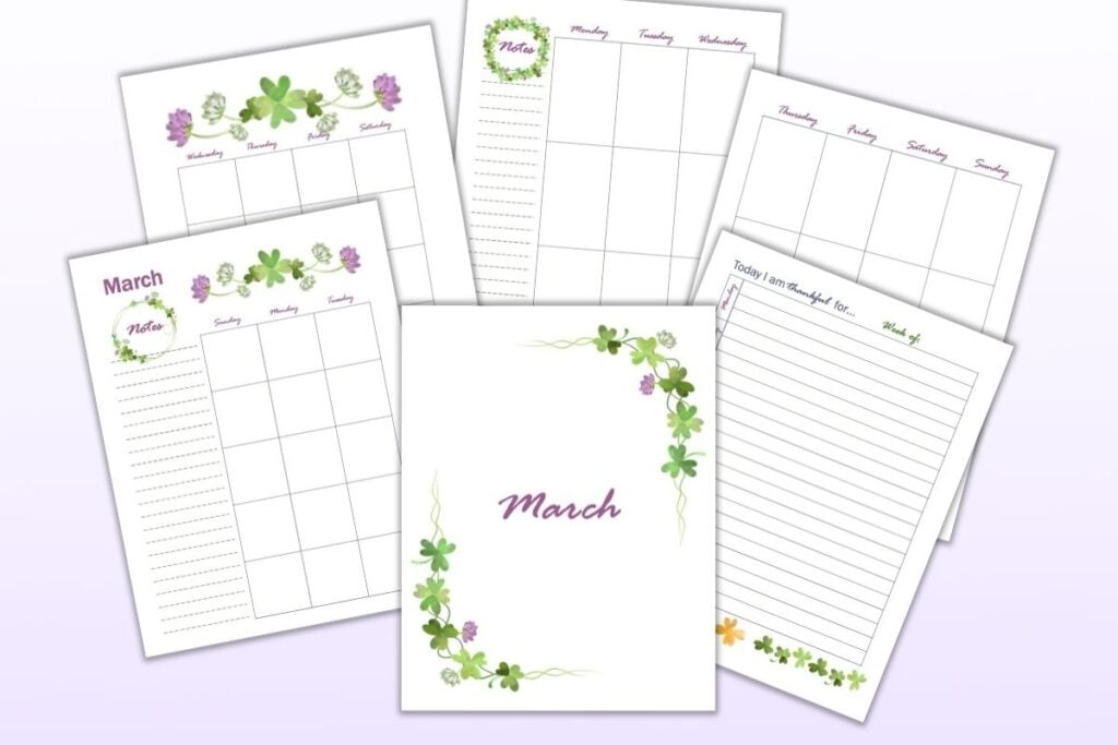 Seven free printable planner pages for March including a cover page, gratitude journal page, weekly spread, and monthly pages