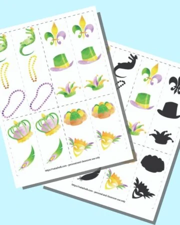 Two pages of free printable Mardi Gras themed matching cards for toddlers. The front page has 20 squares to cut apart. Each square has an image. There are 10 unique images - each pair has an exact match on the front page. On the page behind, the second image from each pair is blacked out for a shadow matching game.