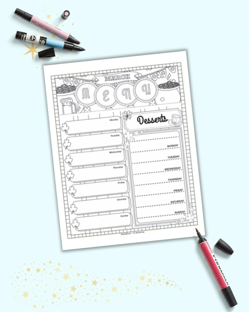 A coloring page menu planner for march. The page has spots for meals and desserts for each day of the week. IT is on a light bleu background with three markers. 