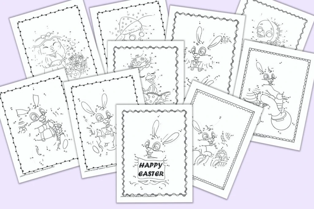 A preview of 10 printable Easter connect the dots images for children. The pages feature Easter bunnies, ducks, and lambs with dots to connect to complete the image. The pages are shown on a light purple background. 