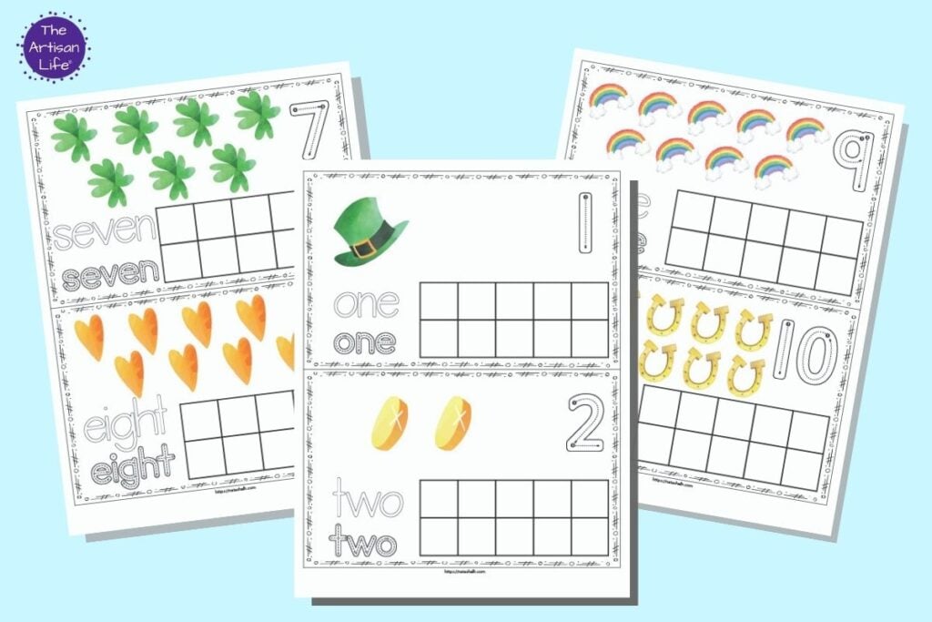 Three printable pages of St. Patrick's Day themed ten frames. Each page has two ten frames to cut apart. The cards have a blank ten frame with St. Patrick's Day clip art above and corresponding number formation graphics, the word to trace in a bubble font, and the word to trace in a correct letter formation font.
