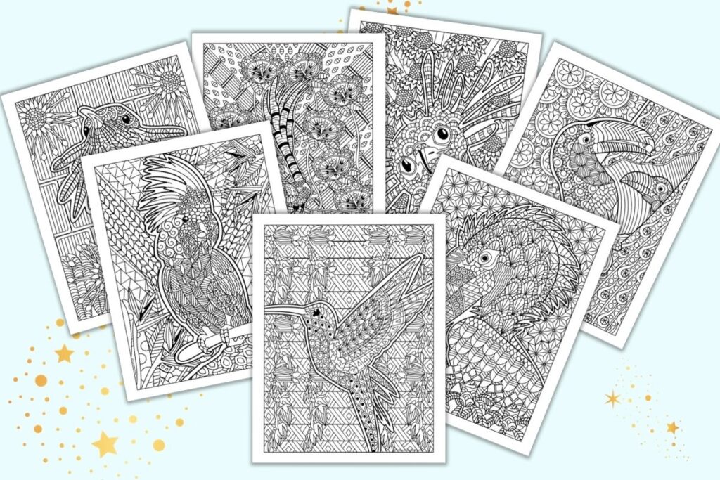 Seven printable bird and blossom coloring pages for adults with complex, zen-style illustrations to color. The pages are on a blue background.