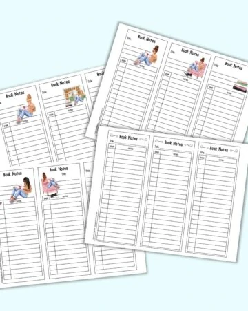 a preview mockup of four pages of printable book notes bookmarks. Each page has three bookmarks with lines to take notes. Three pages of bookmarks have clipart with reading girls including blond, brunette, and black girls reading