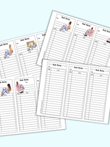 a preview mockup of four pages of printable book notes bookmarks. Each page has three bookmarks with lines to take notes. Three pages of bookmarks have clipart with reading girls including blond, brunette, and black girls reading