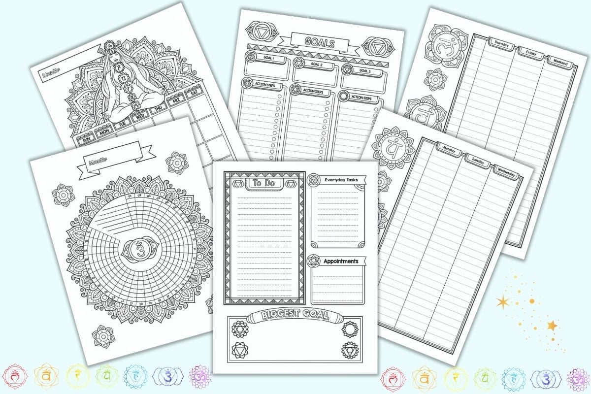A preview of six black and white chakra themed bullet journal style planner pages. The front and center image is a daily log. Behind are a habit tracker, two page weekly spread, goals planner page, and monthly calendar page. Each page is in black and white with chakras and decorative elements to color. The pages are on a blue background with chakra symbols across the bottom of the image.