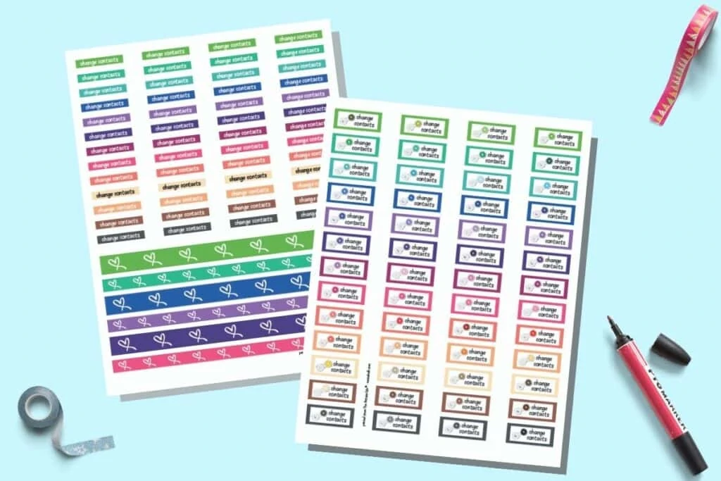 A digital mockup preview of two pages of printable planner stickers. The stickers say "change contacts" in a variety of rainbow colored boxes. They are shown on a light blue background with a red marker and red washi tape.