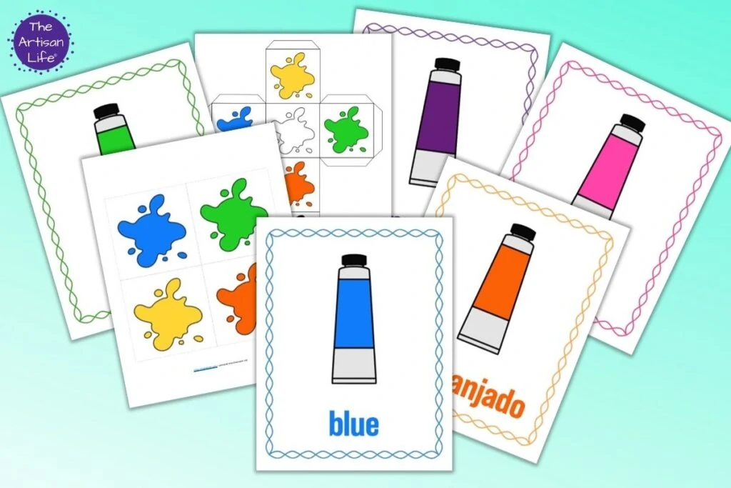 A preview showing seven pages from a set of printables for a color matching game for preschoolers. Four pages show a cartoon tube of paint with the color's name and a colorful border. One page has gross motor cube inserts and another page has a printable die with colorful paint splotches. 