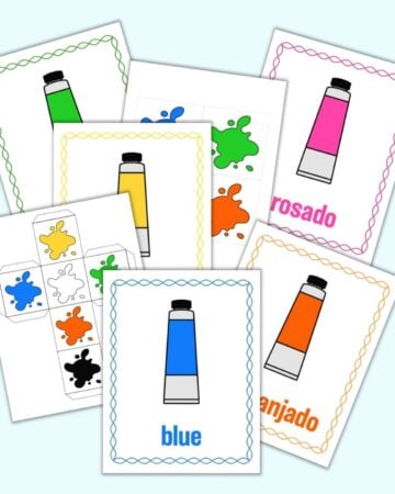 a mockup flatlay preview of a printable color matching game. The image has five color posters and two printable dice templates. Each color poster has a cartoon tube of paint, the color's name, and a matching color border.