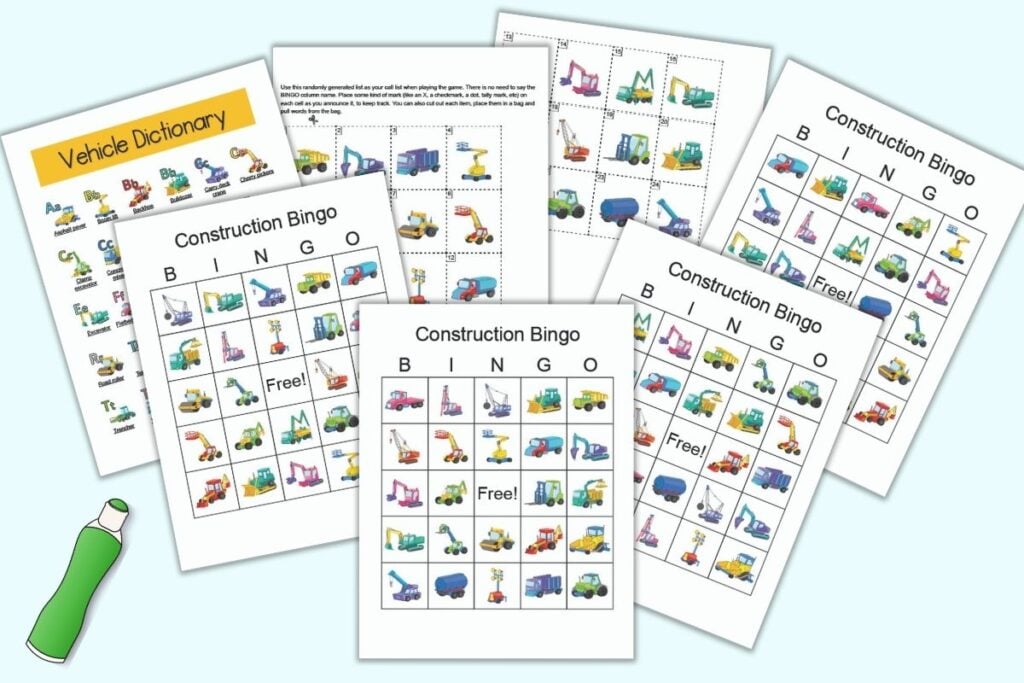 A preview of four printable construction bingo cards with two pages of call cards and a vehicle dictionary poster. The boards are on a light blue background with an illustrated green bingo dauber marker.