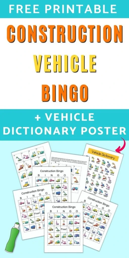 Text "free printable construction vehicle bingo with vehicle dictionary poster" above a preview of four printable construction vehicle printable bingo boards