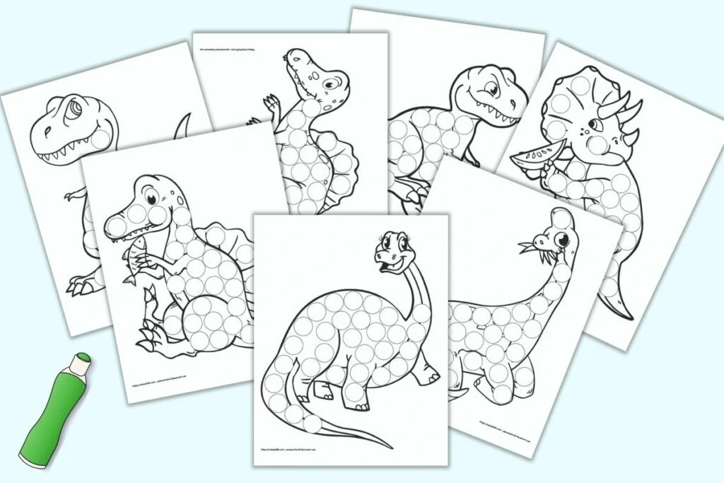 A preview of seven printable dinosaur do a dot pages with an illustrated green dauber marker. Each of the dinosaur illustrations fills a page and has many circles to dot in with a dauber style marker. Dinosaurs included t-rex, triceratops, spinosaurus, brontosaurus, and apatosaurus. 