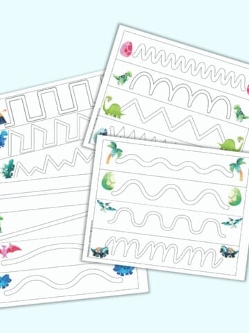 a preview of four printable dinosaur themed trace in the path fine motor practice pages for preschoolers. Each page has four paths to trace and dinosaur clipart.